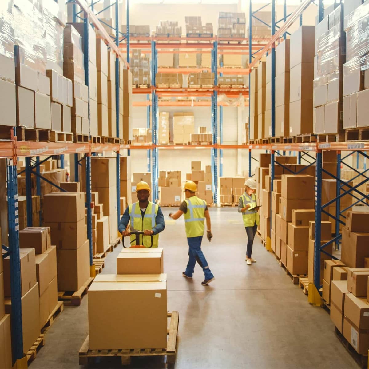Retail Warehouse full of Shelves with Goods in Cardboard Boxes, Workers Scan and Sort Packages, Move Inventory with Pallet Trucks and Forklifts